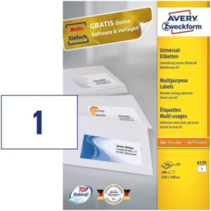 Avery Etichette Altri Formati ETICHETTE MULTIUSO A5 210 X 148MM  BIANCHE  LASER  LASER A COLORI     INKJET, 200FF